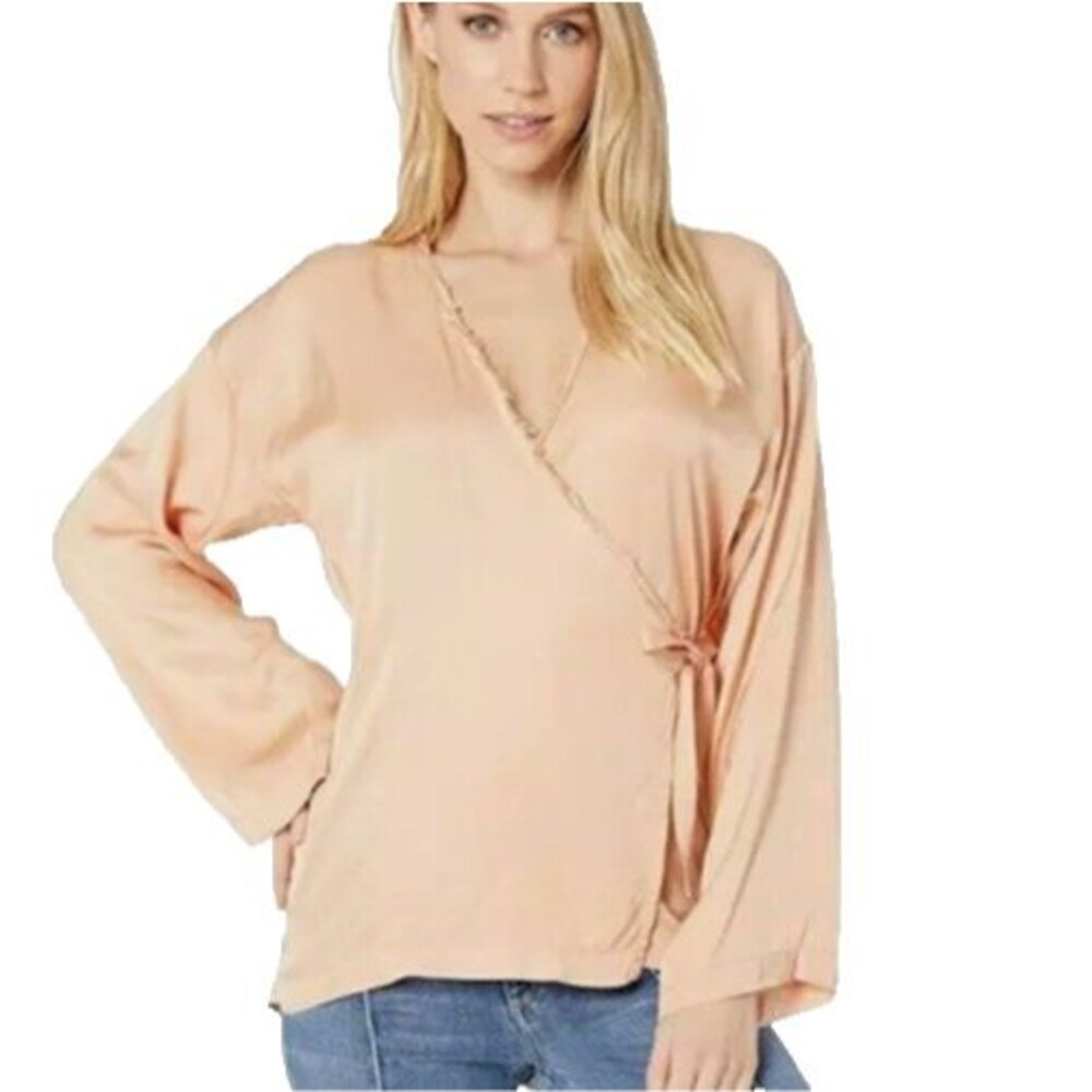 CALi DREAMiNG Women's Poet Top Satin Wrap Blouse - Size S Cuban Summer Luxe